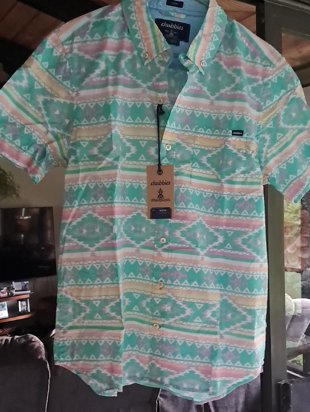 chubbies Mint & Pastel Aztec Short Sleeve Button-Up. 98% Cotton, 2% Elastane.
